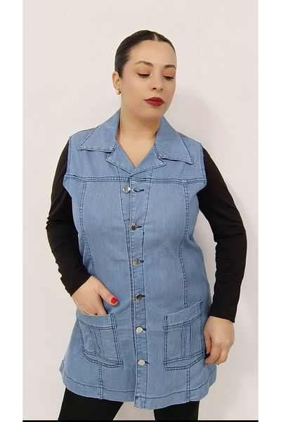 AKŞEN GİYİM Large Size Lycra 100% Cotton Two Pockets Metal Buttons 75 cm Length Denim Jean Vest