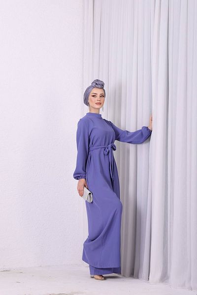 Neşeli Butik Women's Lilac Blue Jumpsuit with Belt and Rose Detail, Loose Nms003