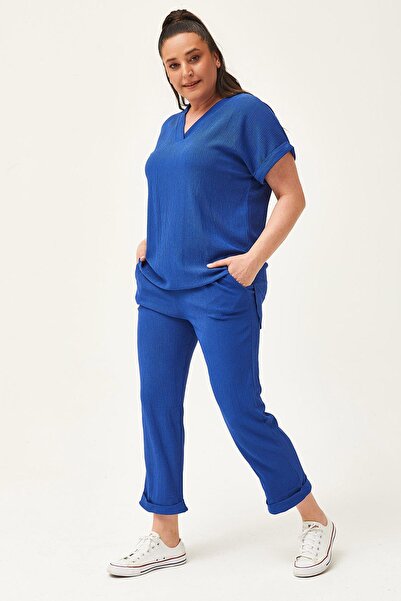 Ebsumu Kadın Büyük Beden Kaprili Mavi Eşofman Takımı