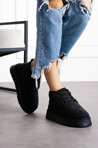 SOLDOY Μαύρα Suede Midi Boots - Χοντρή σόλα, Γούνα Εσωτερικά, Μισό Κορδόνι