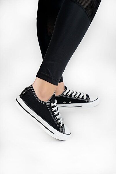 Shupe Unisex Siyah Beyaz Kısa Keten Model Spor Ayakkabı Keten Sneaker