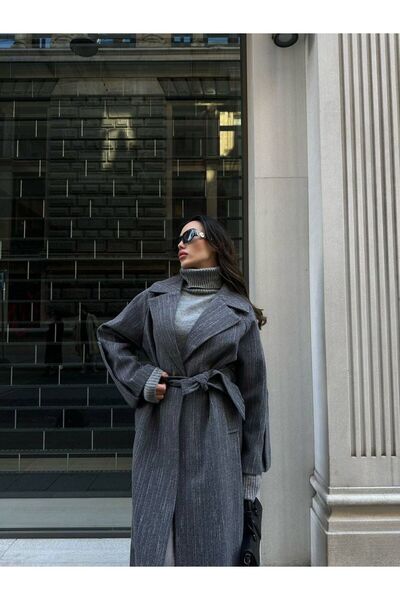 My Blog Szürke-melange ujjú öv részletes mintás öves hosszú kabát - 54471