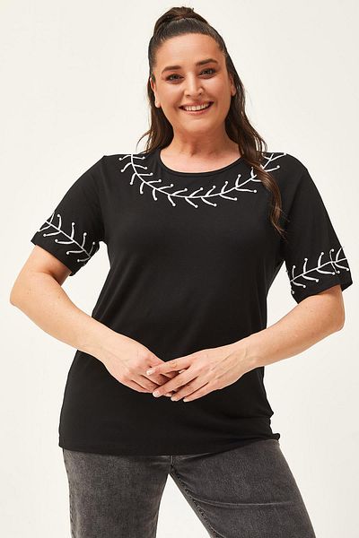 Ebsumu Women's Plus Size Branch Embroidery Detail Black Blouse