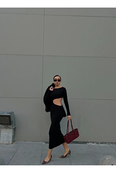 Eka Kadın Siyah Fitilli Dekolte Elbise 0999-9218