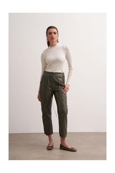 FUSHYA Stitched Leather Trousers with Chain Belt
