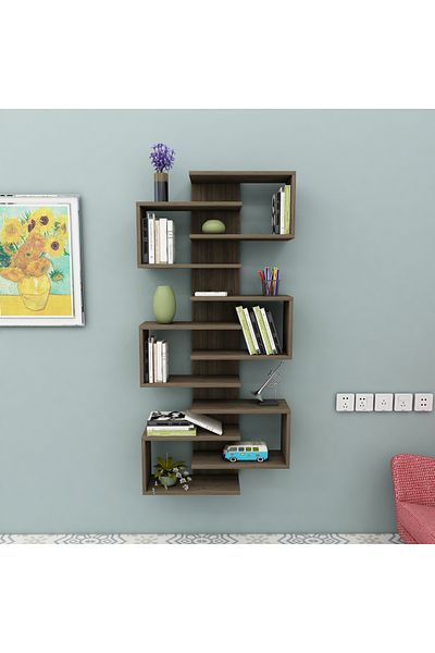 ARNETTİ Lotus Wall Mounted Bookcase and Shelf with 6 Walnut Colored Shelves