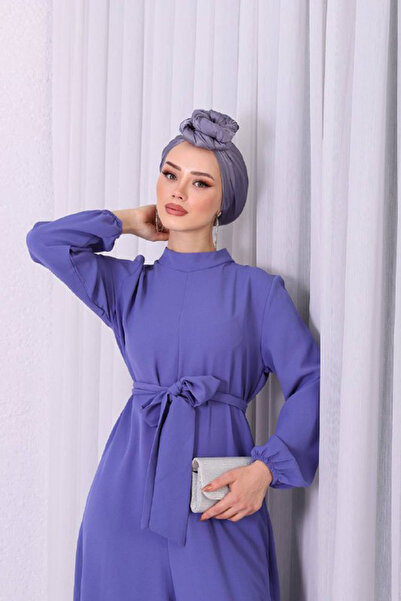 Neşeli Butik Women's Lilac Belted Rose Detailed Loose Jumpsuit Nms003