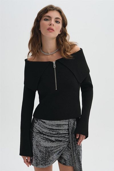 SHERIN Pulover negru cu fermoar cu gât barcă