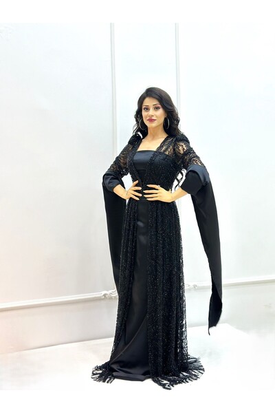 MODA XEZAL DRESS SİYAH KENDİLİĞİNDEN İŞLİ ÖZEL TASARIM ABİYE YÖRESEL KIYAFET ÇIKARILABİLİR ÜST