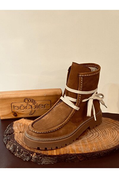 NİSH EXCLUSİVE 24117 Hakiki Deri Ortopedik Taban Bağcık Süs Modelli İçi Kürk KAplama Tüylü Bot