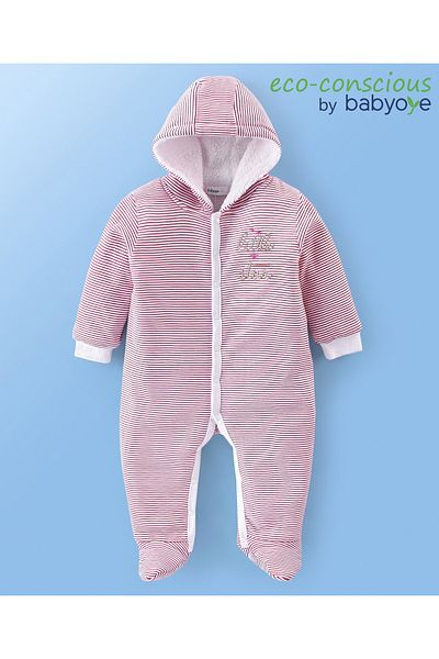 Babyoye Babyoye Eco Conscious 100% Cotton Full Sleeve Striped Hooded Footed Winter Sleepsuit Text-Multicolor