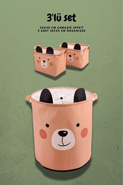Flora Ayıcık Desenli Bebek Çocuk Odası Düzenleyici Saklama Kutusu, Oyuncak Kirli Sepeti 3'lü Set