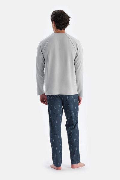 Dagi Gray Half Placket Long Sleeve Printed Sleepwear Set