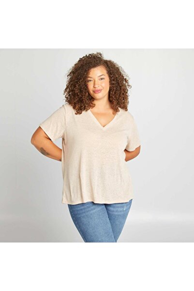 KIABI Linen blend V-neck T-shirt BEIGE
