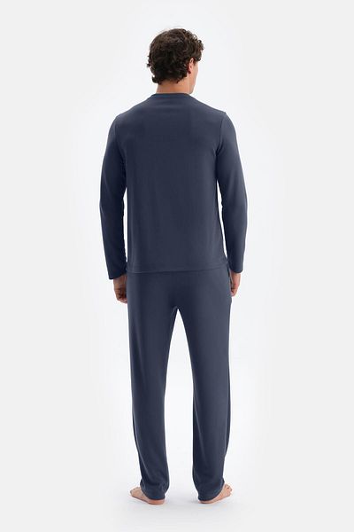 Dagi Σετ Πυτζάμες Μακρυμάνικο T-Shirt Μπλε Navy Blue Half Placket