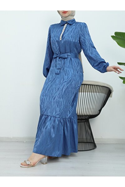 Modamorfo Φόρεμα με λεπτομέρεια από πέτρα με ελαστικό μανίκι - μπλε κοβαλτίου