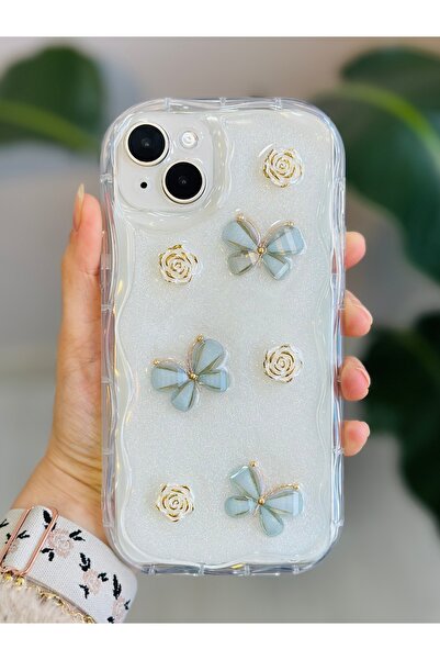 Go Aksesuar iPhone 14 Plus - 15 Plus Mother of Pearl Butterfly Design Silicone Case with Toy