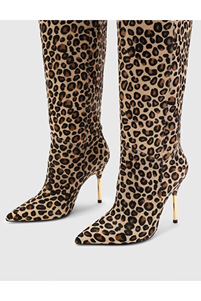 İLVİ Carlile Hakiki Deri Tay Tüyü Kadın Leopar Topuklu Çizme