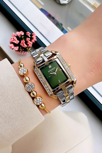 Homies Waterproof Green Square Women's Wristwatch - Gold Silver Stones, Steel Band Bracelet Hmby2032C7