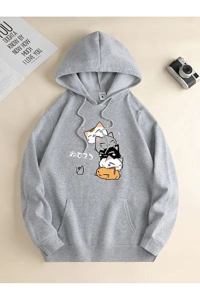 New Shine Унисекс суитшърт с качулка и сив принт с аниме „Котки и мишки“
