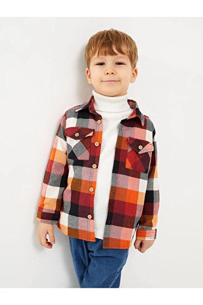 LC Waikiki LCW baby Turuncu Uzun Kollu Ekose Desenli Gabardin Erkek Bebek Gömlek