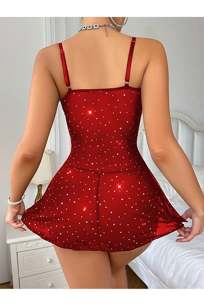 randevu Plush Mini Fancy Nightgown String Set with Glitter Ribbon Detail