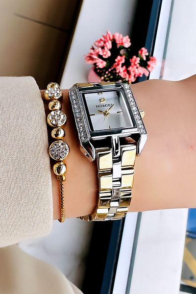 Homies Women's Waterproof Rhinestone Square Wrist Watch - Silver Gold Color, Steel Cord Bracelet Hmby2032C2
