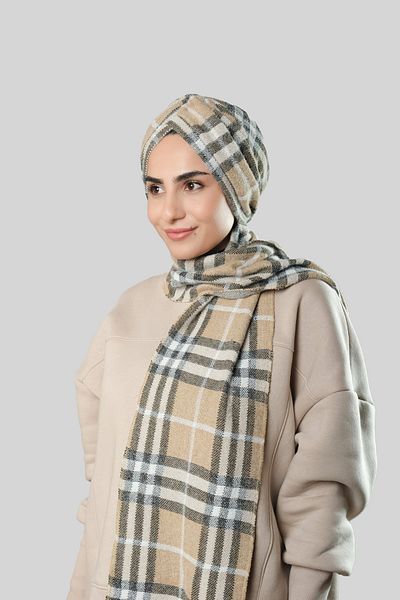 HÜRREM BONE Beige Winter Self-Scarf Hijab Bonnet Jacquard Plaid 2322_12