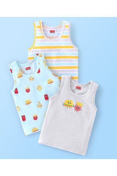 Babyhug طقم من 3 قطع من قماش ساندو قطني 100% بطبعة مخططة وبطاطس مقلية - رمادي...