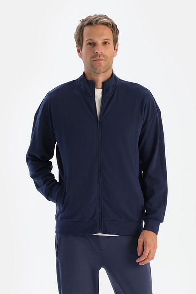 Dagi Marineblaues Herren Sweatshirt mit Stehkragen und Reißverschluss