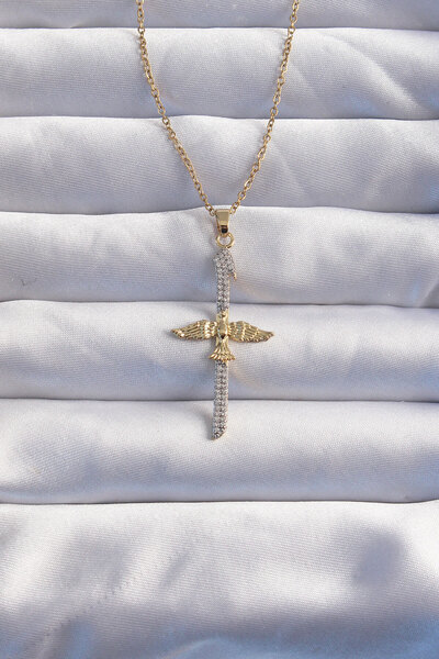 Epilons سلسلة فولاذية 316L ذهبية اللون مرصعة بحجر الزركون على شكل سيف موديل ف...