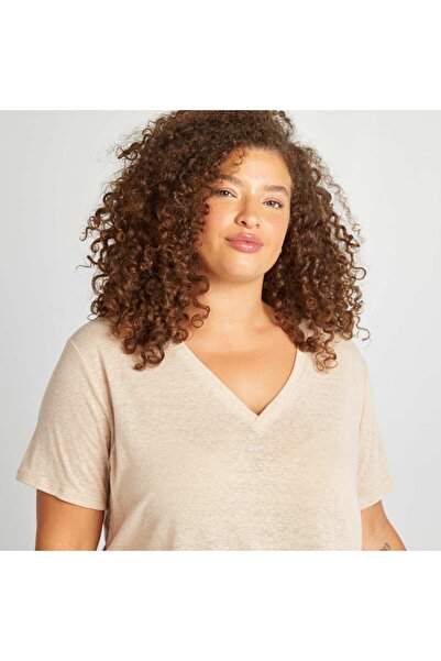 KIABI Linen blend V-neck T-shirt BEIGE