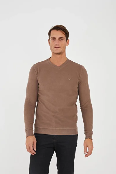 Maccali Men's Relaxfit Winter V Neck Long Plain Mink Sweatshirt