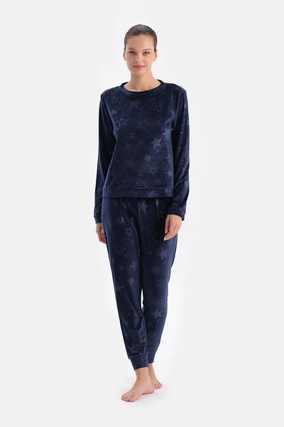 Dagi Navy Blue Seersucker Star Printed T-Shirt Pants Pajamas Set