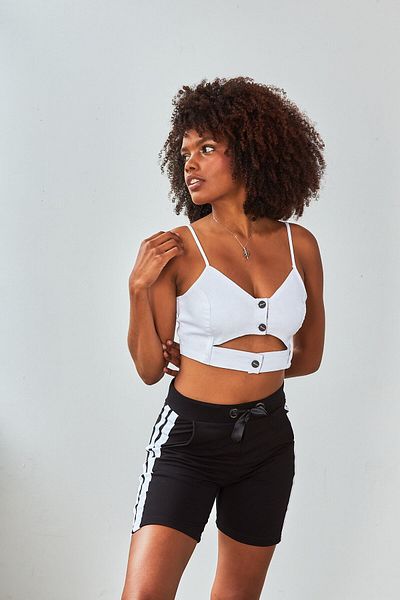 THIMOON Women's White Denim Strap Crop Bustier