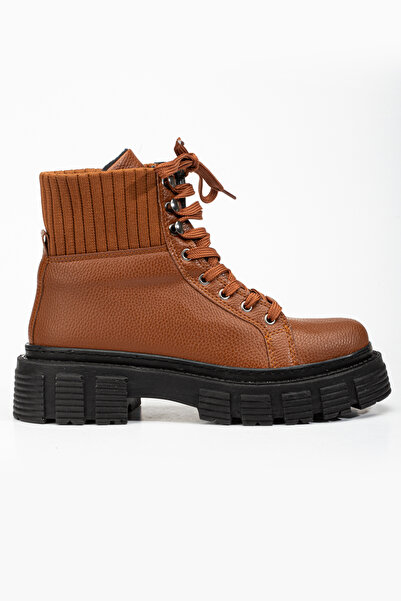 Tonny Black Kadın Taba Yüksek Poli Taban Bileği Lastikli Bağcıklı Bot