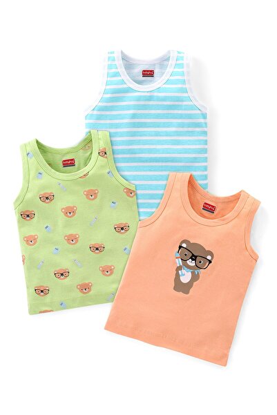 Babyhug صدرية ساندو بدون أكمام من القطن بنسبة 100%، مخططة ومطبوعة بدب، عبوة م...