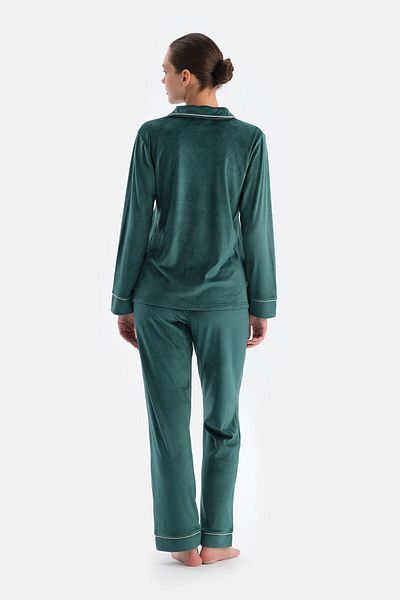 Dagi Set de pijamale cu pantaloni de cămașă din catifea verde petrol