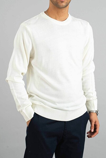 bombe Pánská bílá Slim Fit bavlněná mikina s výstřihem a úpletem