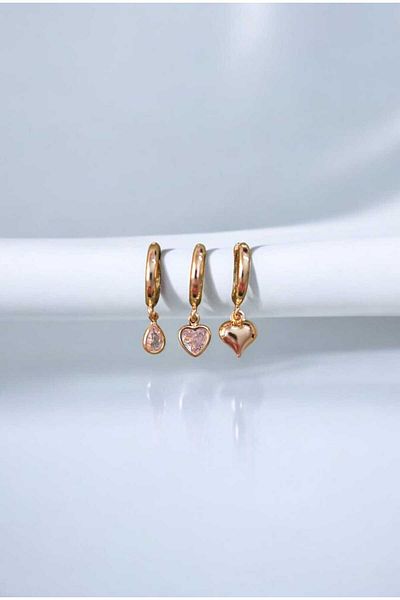 KYOLA DESİGN Minimalist 3-Piece Zircon Gold Women's Earrings