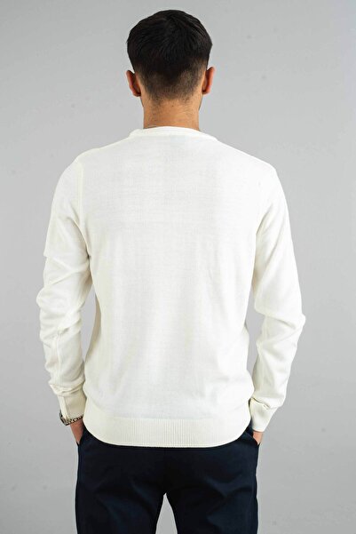 bombe Pánská bílá Slim Fit bavlněná mikina s výstřihem a úpletem