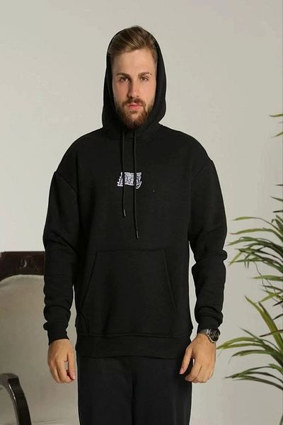 New Shine Мъжки суитшърт с качулка Oversize - Черен с щампа от три нишки