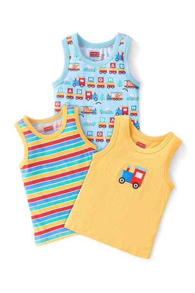 Babyhug 100% قطن بدون أكمام مضاد للبكتيريا، سترات ساندو مخططة وقطار، عبوة من ...