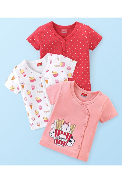 Babyhug 100% Cotton Half Sleeves Vest Kitty & Polka Print Pack of 3 - White P...