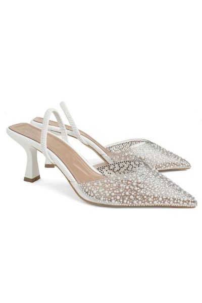 Park Moda Transparent Pearl Detailed Champagne Heel Stiletto Mold Heeled Shoes