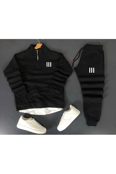 TEXTURA Unisex Three Lines Printed Half Zip Sweatshirt-Sweatpants Combination