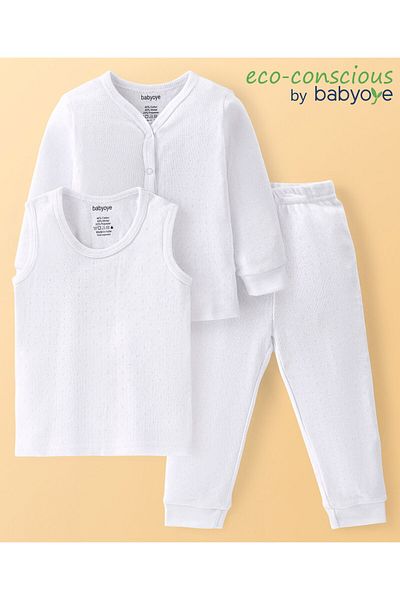 Babyoye Cotton Modal Blend Soild Colour Full Sleeves Vests with Pant - White