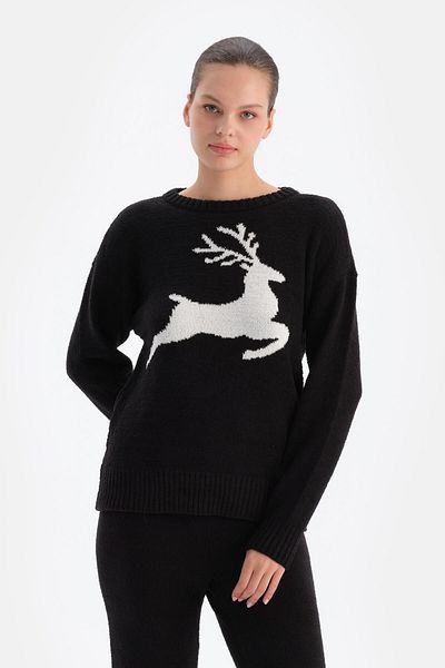 Dagi Schwarzes Fleece-Sweatshirt mit Hirsch-Print