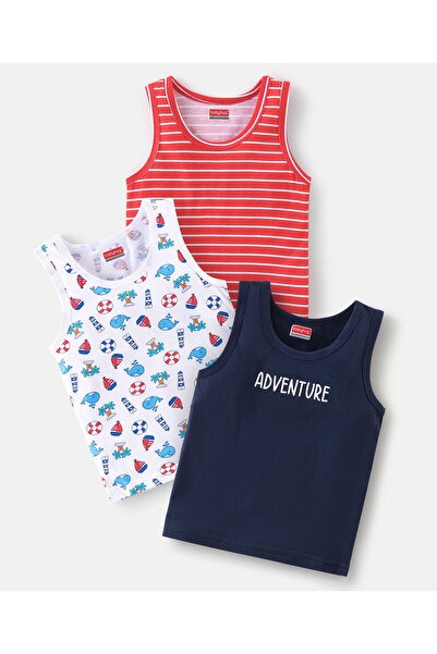 Babyhug طقم من 3 قطع من قماش ساندو مخطط ومطبوع عليه أشكال الحياة البحرية - أح...