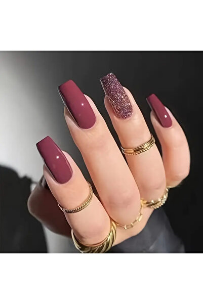 NAİL ART 24 Adet Simli Koyu Kiremit Takma Tırnak Seti